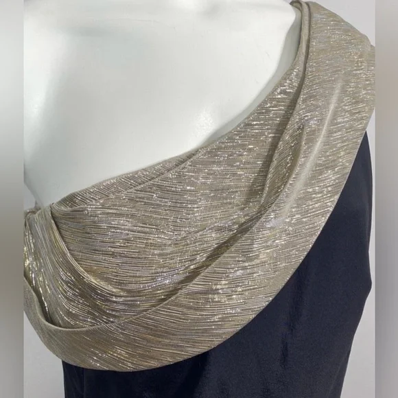 Oscar de la Renta Black Gold/Silver One Shoulder Dress Formal Evening New Years - Picture 4 of 12